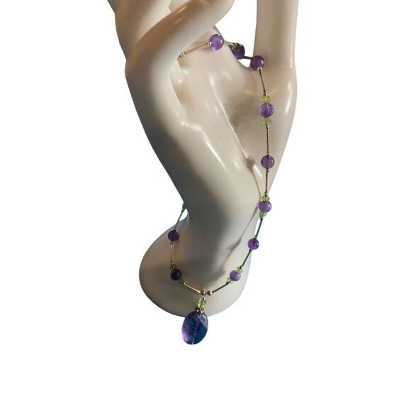 Sterling Peridot Amethyst Beaded Necklace - Picture 1 of 9